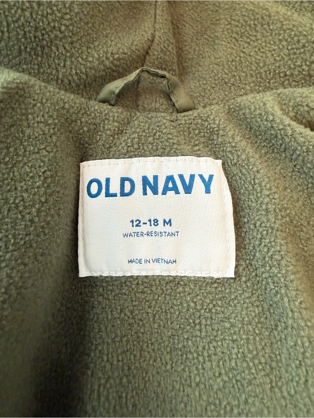 Old Navy Olive Green Hooded Puffer Jacket with Navy Dino Accents
